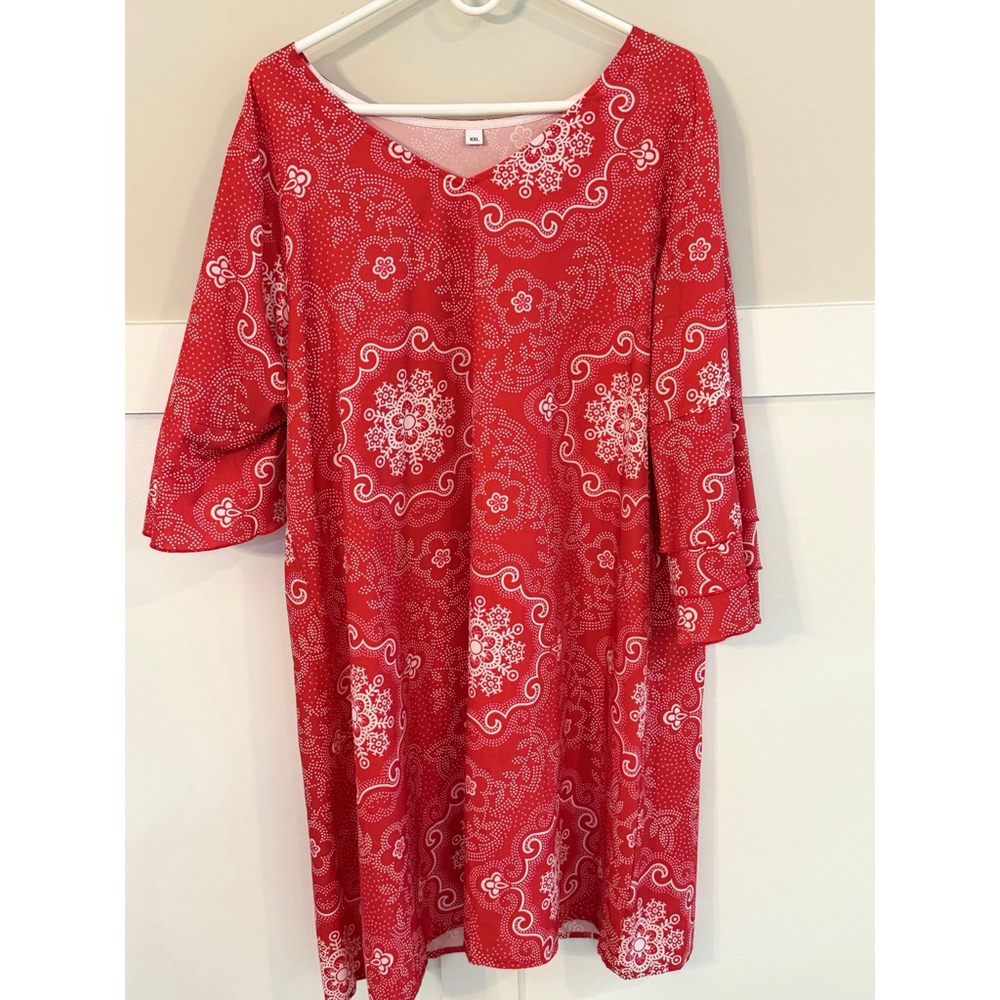 Red Paisley Print Tunic Dress XXL Boho V-Neck 3/4 Sleeve